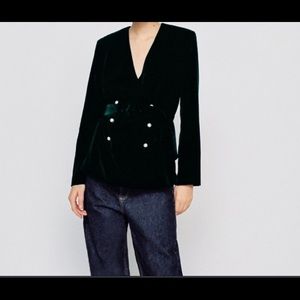 ZARA EMERALD GREEN VELVET BELTED BLAZER WITH PEARL BUTTONS